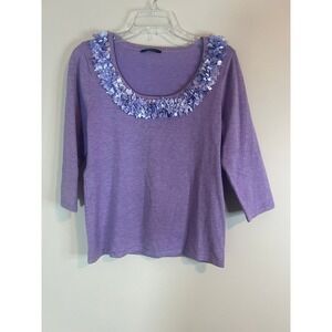 Mosca Womens Lavender Purple 3D Floral Petal Neck Knit Top 3/4 Sleeve RN 105142